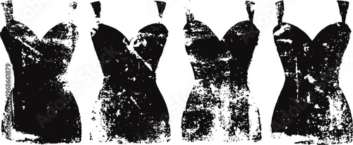 Vintage corset dress mannequin silhouettes set retro female fashion, elegant shape forms classic beauty and display