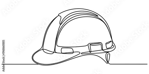 A single continuous line drawing of a protective safety helmet used in industrial construction site