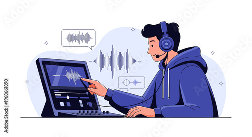 Man Editing Audio Waveform on Computer Screen