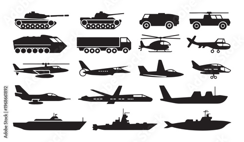 Military transport and combat vehicle collection with tanks aircraft ships and trucks black silhouette set.