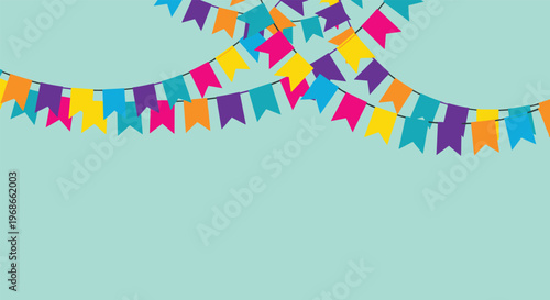 Festive colorful bunting flags hanging across a light teal background, perfect for birthday party or celebration background.