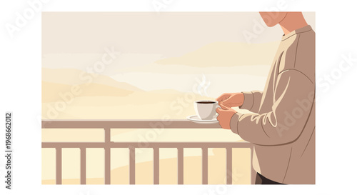 Man Enjoying Coffee on Balcony at Sunrise, Peaceful Morning View