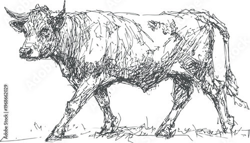 sketch of a walking bull with detailed fur texture and horns