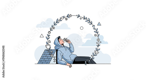 Man Enjoying Flower Scent Under Floral Archway, Serene Moment