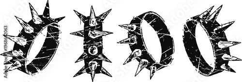 Black vintage leather bands with metal spikes and studs, punk accessories set