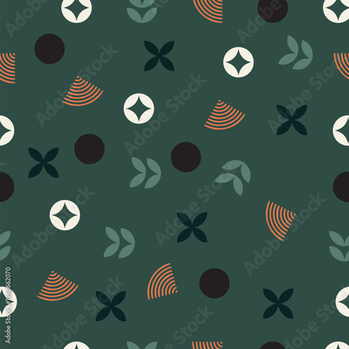 Seamless Geometric Pattern with Abstract Shapes on Dark Green Background
