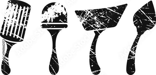 Grunge set of kitchen utensils including spatulas and turner with scratched textured design