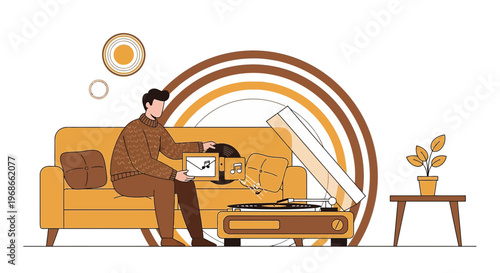 Man Enjoying Music on Sofa with Vintage Turntable and Tablet