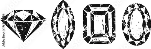 black and white vintage gemstone illustrations diamond shapes with grunge texture decorative jewelry elements in various cuts and styles