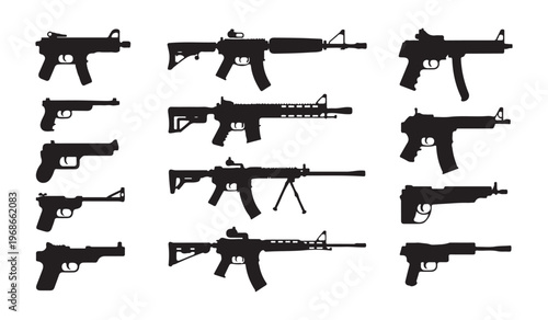 Firearms silhouettes featuring various handguns assault rifles submachine guns and sniper weapon profiles.