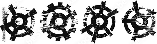 grunge black gear icons set with distressed texture isolated on white background