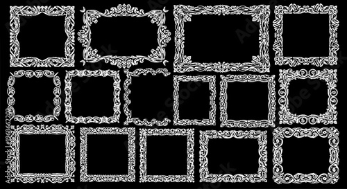 Frames ornate set with white floral designs on black background for photo collage featuring illustration, graphic resources, borders with elegant and