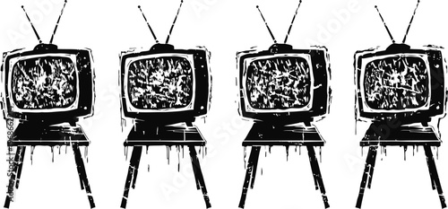 vintage television set with static on screen, retro tv illustration in black and white