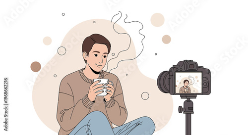 Man Filming Himself Drinking Coffee for Vlog