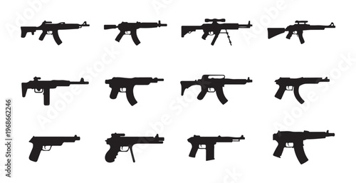 Selection of firearm silhouettes illustrating different gun models including rifles submachine guns pistols.
