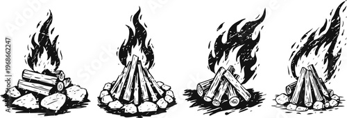 Set of four campfire illustrations with burning wood logs and stone rings in black and white