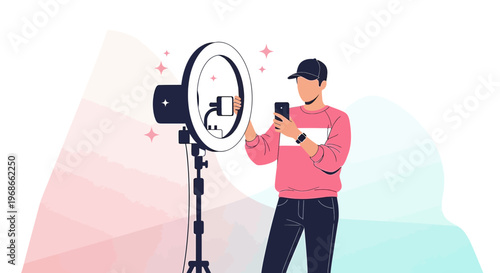 Man filming himself with ring light and smartphone for social media content creation