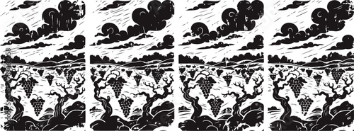 Four black and white artistic panel designs depicting abstract plant and cloud formations