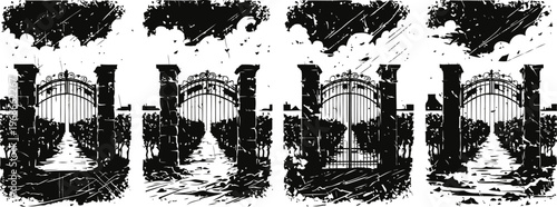 vintage wrought iron gate with stone pillars and pathway, rustic garden entrance design