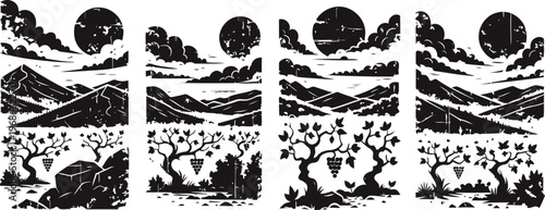four black and white vineyard landscape panels with sun, clouds, hills, trees, and grapevines