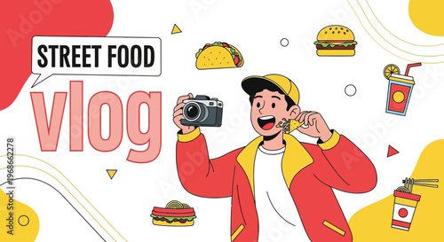 Man Filming Street Food Vlog with Camera, Burger, Taco, and Drinks