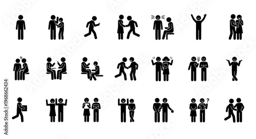 Stick figures set with various actions and emotions depicted in black silhouettes on white background
