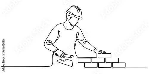 A single continuous line drawing of a construction worker building a wall with red clay bricks