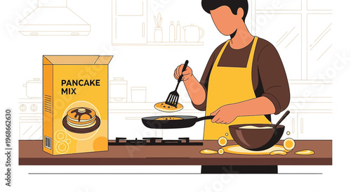 Man Cooking Pancakes in Kitchen with Pancake Mix Box