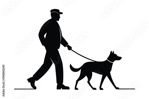 man walking with dog silhouette line art vector illustration with a white background