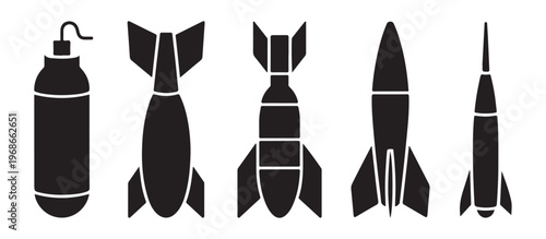 Air drop bomb and missile silhouette vector set for defense technology and military strategy illustrations.