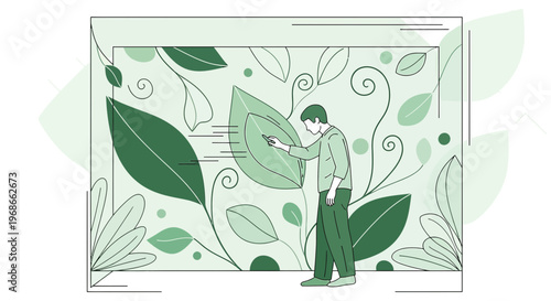 Man Creating Abstract Floral Design with Leaves and Swirls