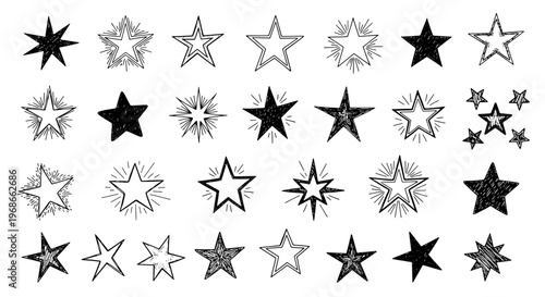 Stars hand drawn set with sketch doodle lines and burst effects, black outline and filled shapes. featuring star icons, star collection, graphic