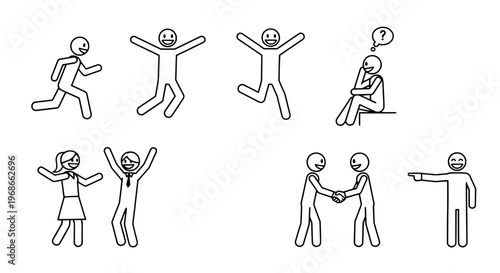 Stick figures hand drawn set with various emotions and actions featuring people, characters, icons with illustrations and line art elements for