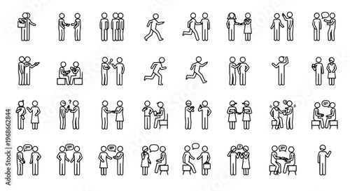 People stick figure set with various actions and interactions featuring icons, illustrations, line art with simple and human figures elements for
