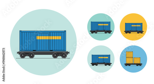 Set of industrial railway cargo container icons shown in various compositions and colors on circular backgrounds for transport logistics.