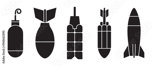 Set of various black silhouettes of bombs and missiles, military weaponry concepts, explosive warheads, rocket design.