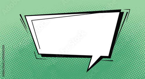 Empty white rectangular comic speech bubble with black borders placed on a vibrant green halftone dotted background for pop art design.