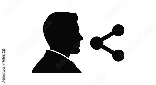 A stark black silhouette of a man s profile speaking with a share icon nearby conveying communication and connection silhouette high quality