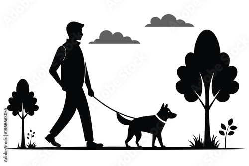 man walking with dog silhouette line art vector illustration with a white background