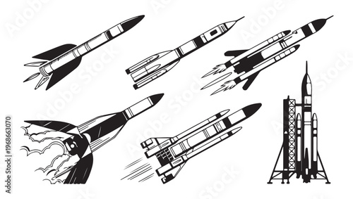 Collection of rocket icons, set of launch vehicles in flight, space exploration symbols, spacecraft design.