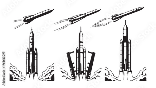 Set of launching rockets and flying spacecraft icons, space shuttle taking off, space travel symbols.