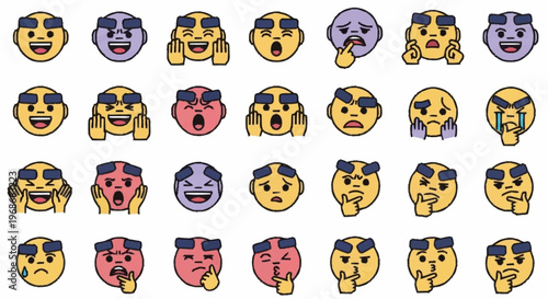 Collection of Diverse Facial Expressions Represented by Cartoon Emoji Characters.