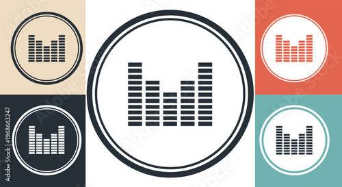 Digital audio equalizer frequency bars presented as icons in multiple circular frames with various background colors for music players.