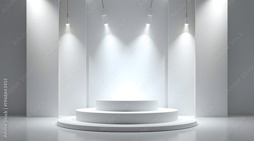 Obraz premium A bright empty white stage with spotlights shining down on a circular pedestal ready for display