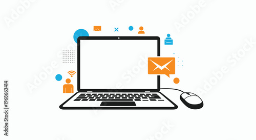Modern laptop computer featuring a blank screen and a large orange email envelope surrounded by various colorful social media icons.