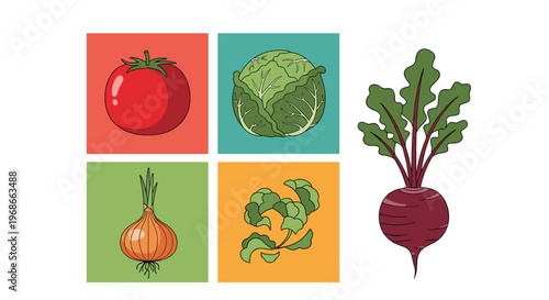 Assorted garden vegetables including red tomato, green cabbage, yellow onion, leafy greens, and a large purple beet with long stems.