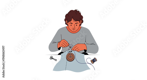 Illustration of a person sewing a button onto fabric