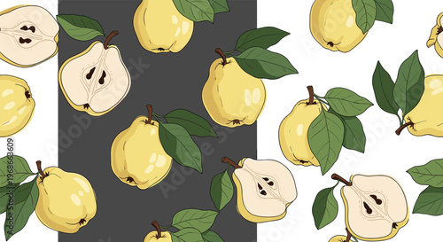 Seamless repeating pattern featuring yellow quinces and green leaves on split white and dark grey backgrounds for textile or wallpaper.