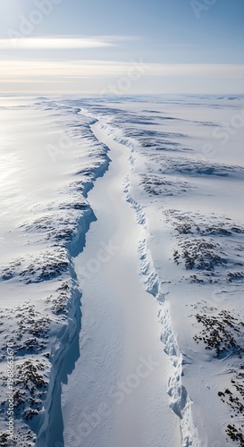 Aerial View of Frozen Lake with Crack.
