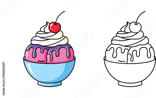 Ice Cream Sundae with Whipped Cream and Cherry in Bowl, Cartoon Illustration and Black and White Line Art Coloring Page Set for Kids, Isolated Vector Food Design Element